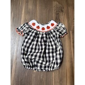 Baby Girl Halloween Smocked Gingham Bubble Romper Pumpkin Black Gingham 18M